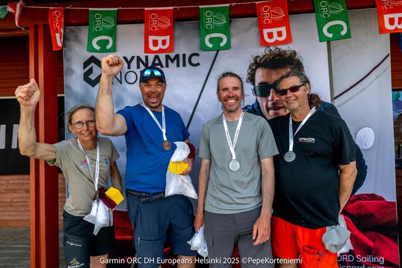 ORC Class A podium - Silver: KAMINAMI (FIN) Antti Niiniranta and Peter Flinkmann ; Bronze: NIKE (SWE) - Martin Angsell and Anna Drougge - Garmin ORC DH European Championship Helsinki 2025  - photo © Pepe Korteniemi