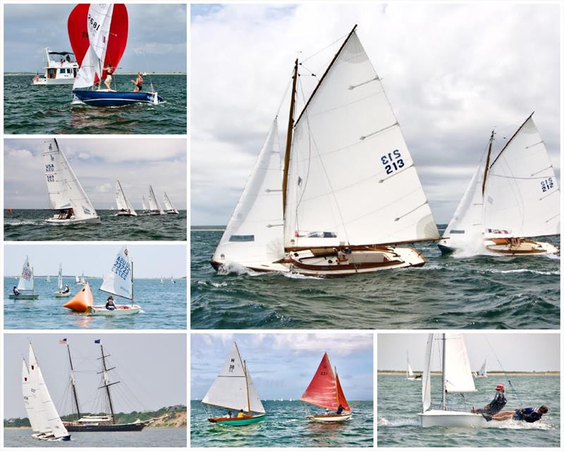 Clockwise from top right: Wianno Seniors winner Aria, C420 winner Peter Herlihy/Finn Sperry, H12½ winner Persephone, Shields winner Bit O Honey (Shenandoah in background), Opti Overall champion Roger Wellington, J/70 winner Lynx, Rhodes 19 winner Navicula - photo © Rick Bannerot / ontheflyphoto.net