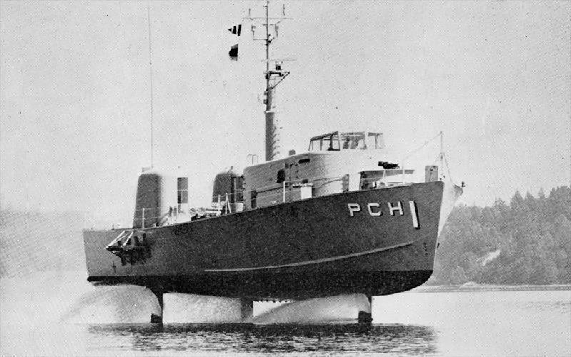 The US Navy would persist with foiling development, such as this 115ft long, 110 ton Fast Patrol Boat. Driven along by gas turbines developing over 6,000 h.p. ride height and control came via an onboard electronic computer photo copyright US Information Service taken at  and featuring the Power boat class