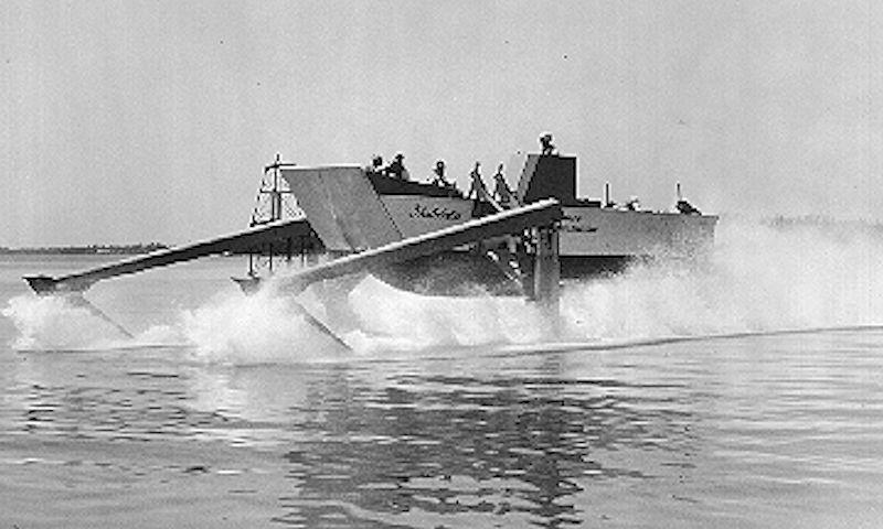 For all you Moth sailors out there, this is what the first practical wands looked like. With twin forward foils, Christopher Hook used two of his Hydrofins, with independent operation, to provide stability as well as controlling ride height photo copyright US Information Service taken at  and featuring the Power boat class