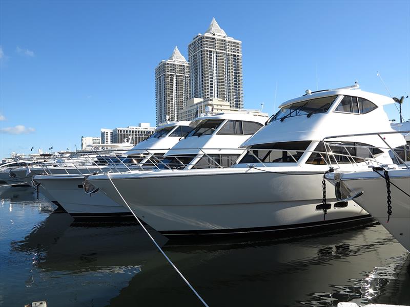 Some of the Maritimo vessels on display at Miami and the Maritimo Miami show stand which proved popular with prospective boat buyers photo copyright Promedia taken at  and featuring the Power boat class