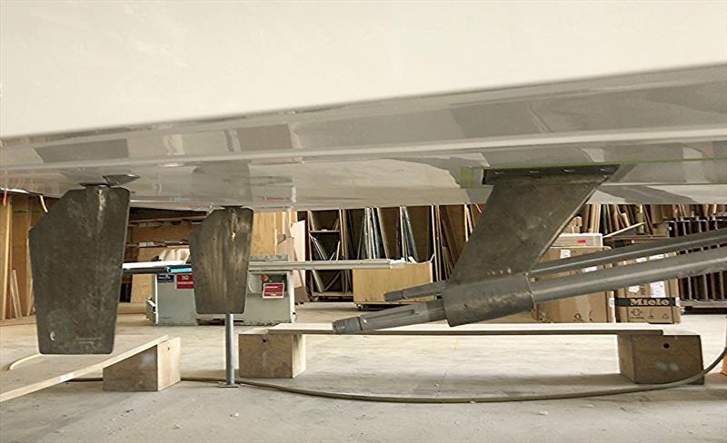 Shafts and rudders of S70/02 only awaiting the props that the Scania 1200Hp Diesels will drive. - photo © John Curnow