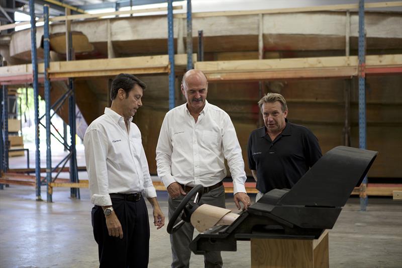 (L to R) Maritimo CEO Garth Corbitt, General Manager Operations, Phil Candler and Production Manager Kym Fleet are show with one of the new dashboard configurations by Maritimo in the new facility. - photo © Promedia