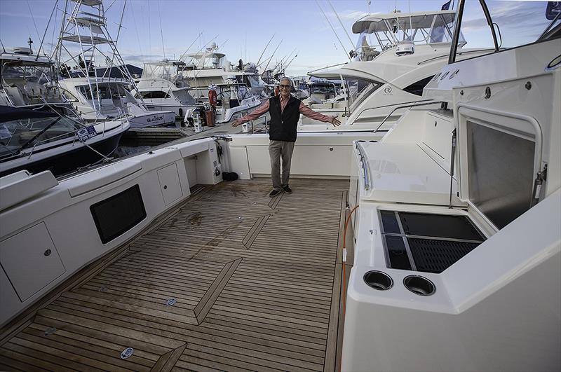 Stephen Milne, Riviera's Brand & Communications Director, in the expansive cockpit of the 72 Sports Motor Yacht - photo © John Curnow