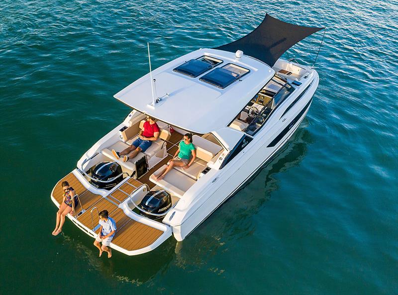The Aquila 32 at rest and offering relaxation options for everyone - photo © Aquila Powercats