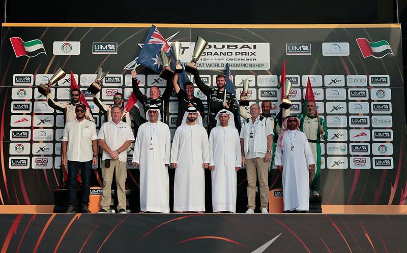 Maritimo on the dais as the new UIM XCAT World Champions photo copyright Raffaello Bastiani taken at Dubai Offshore Sailing Club and featuring the Power boat class