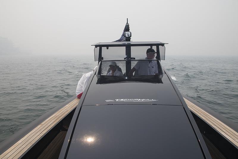 It was meant to be the SOLAS Big Boat Challenge. Smoke conditions on Sydney Harbour meant that plain old visual navigation was difficult enough - Nic Doig-Higgs in command of the Technohull Omega 45 - photo © John Curnow