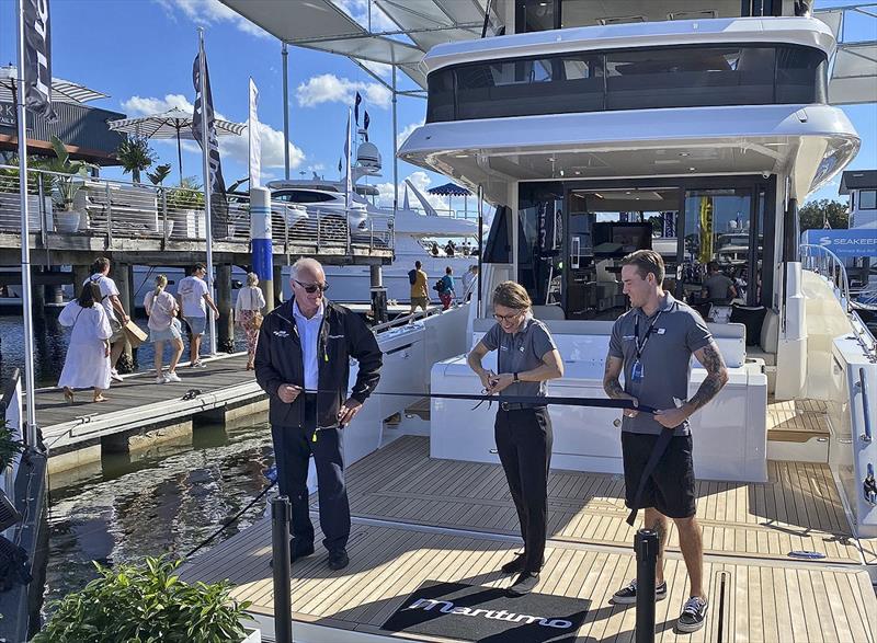 Maritimo M55 Launch - LtoR - Peter Ferrari - 17 years with Maritimo, Zoe Dy Pryck - 5 years, Jesse Blackley - 5 years - photo © Maritimo