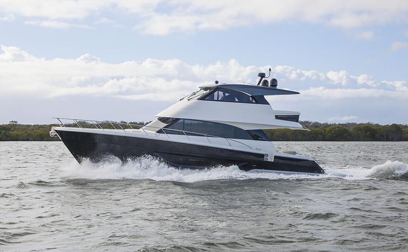 Hull#7 of Maritimo's new M55 series is off to the USA and sports this black paint job, gunwale doors, and also a pair of 1000hp donks to take her well into the mid 30s photo copyright John Curnow taken at  and featuring the Power boat class