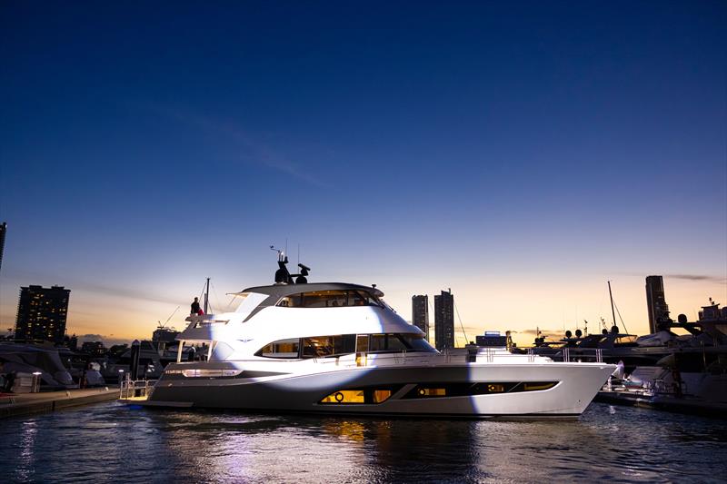 The magnificent new Riviera flagship, the 78 Motor Yacht, makes a spectacular entrance for her world premiere on the Gold Coast. - photo © Riviera Studio