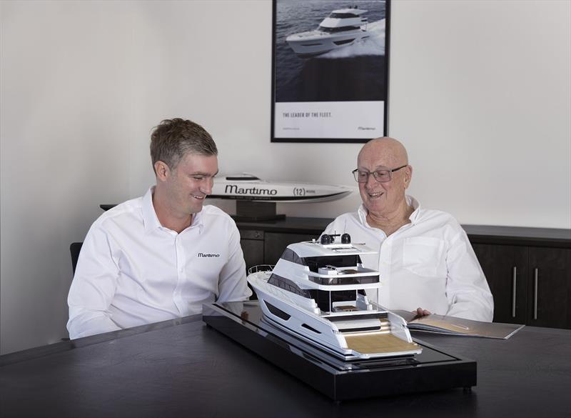 Assuming control, Managing Director Tom Barry-Cotter, and Founder Bill Barry-Cotter review the model of the new M75, 20 years after the groundbreaking Maritimo 60 was unveiled - photo © Maritimo