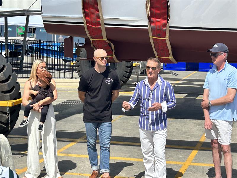Owners Abby and Cole, Shipwright Russell Salisbury, Owner John, Halvorsen relaunch - photo © The Boat Works