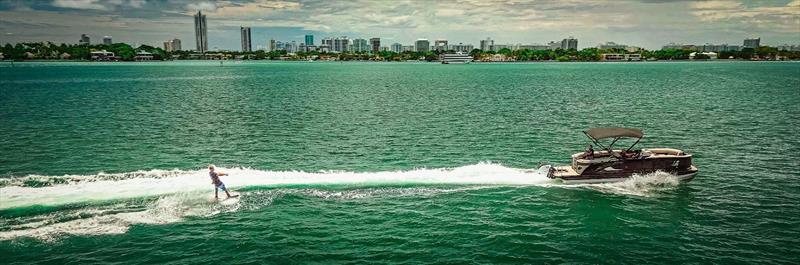 ]180E E-Motion™ Equipped Pontoon - Providing steady torque to quickly lift wakeboarders out of the water in the warm waters of the Intracoastal, Miami, US - photo © Vision Marine Technologies