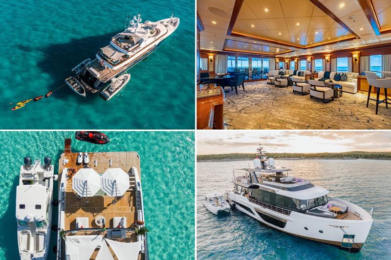 Clockwise from top left: aerial of the largest yacht in the Show, the 191' M/Y Unbridled, and her interior main salon; the 102' M/Y Vivace and her aft deck for various water toys - photo © Media Pro International