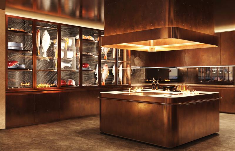 Sinot Inspire - restaurant front cooking kitchen - photo © Sinot Yacht