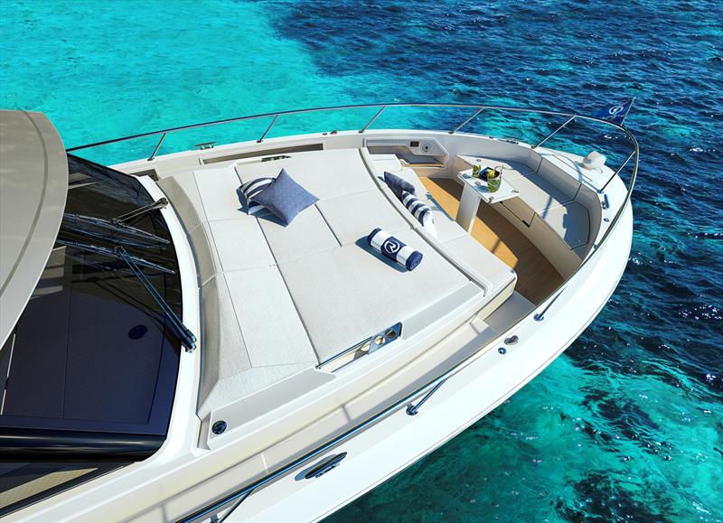 The sun deck is a popular relaxation and entertaining area with a triple sun pad and forward-facing bow lounge with fold out table - photo © Riviera Australia