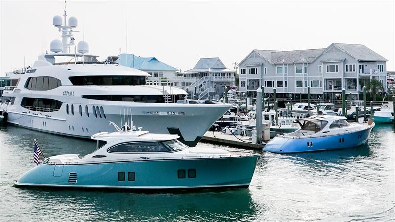 Azure docking next to MY Skyfall, mothership to a Z44 photo copyright Zeelander Yachts  taken at  and featuring the Power boat class