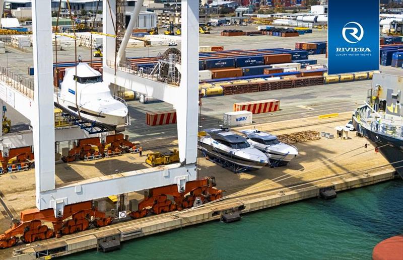 The largest ever shipment of 15 Queensland built Riviera luxury motor yachts, were loaded in the Port of Brisbane this week bound for the United States - photo © Riviera Australia