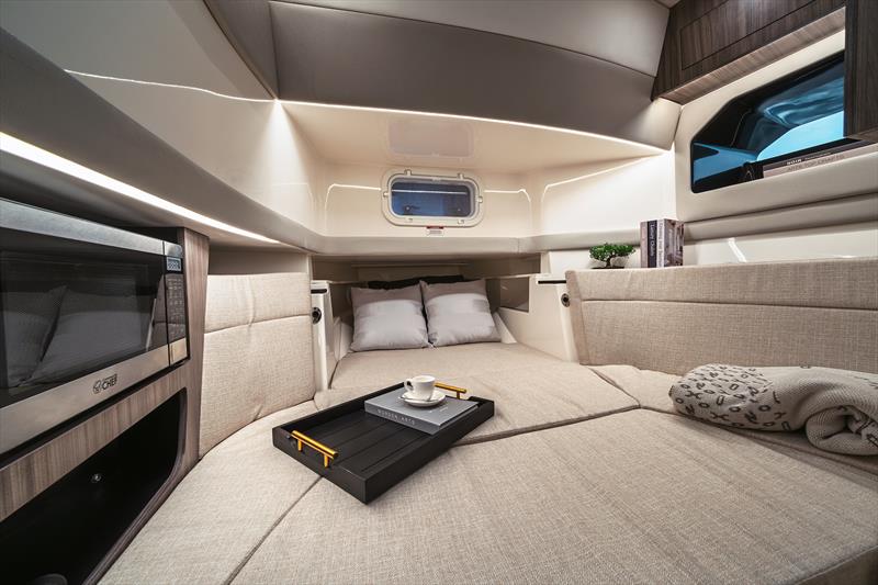 SLX 360 Outboard V-berth sleeping area with filler cushion - photo © Sea Ray