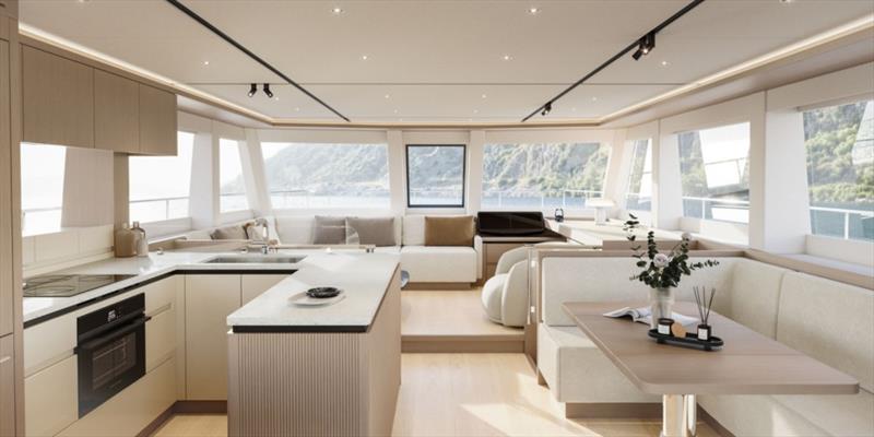 The bespoke interior of the first ILIAD 53F OffGrid Hybrid, created in collaboration with Baz Yacht Design - photo © ILIAD Catamarans 