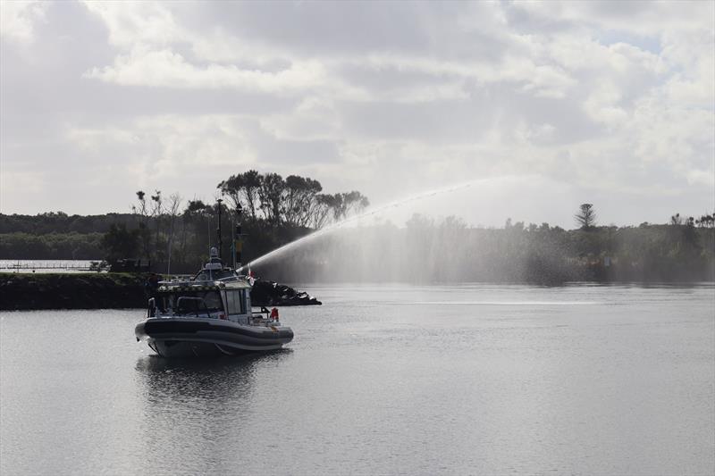Brunswick 30 given a water salute by crews from NSW RFS Byron and Clunes - photo © Marine Rescue NSW