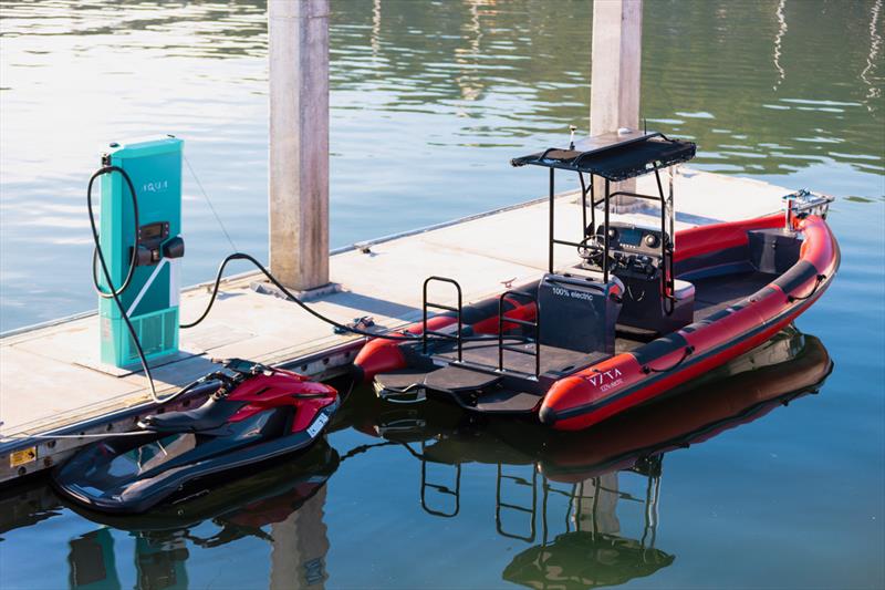 Taiga and Vita electric watercrafts connected to Aqua superPower's fast charger in the San Francisco Bay - photo © Taiga Motors