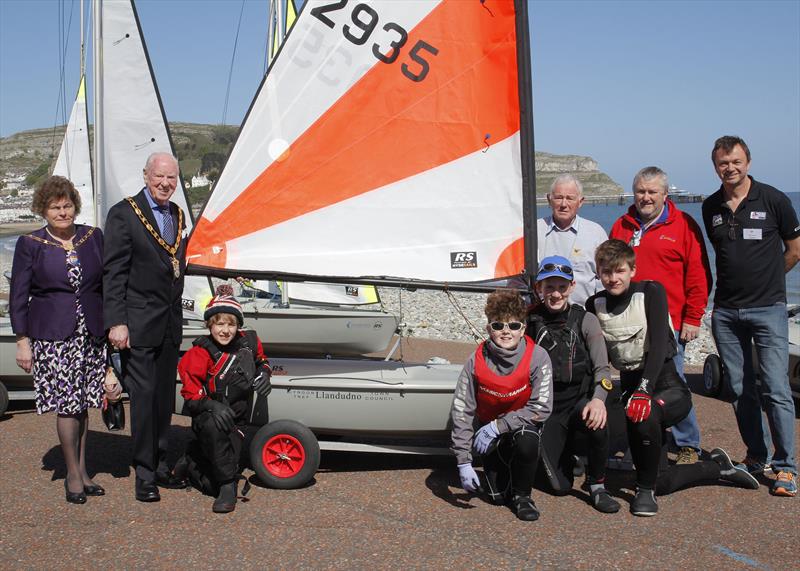 Mayor Frank Bradfield,Ted Toovey, Kevin Farrell, Eddie Farrell, Jack Leach Phil Braden CEO RYA Cymru Wales and Llandudno Sailing Club Commodore among those welcoming Push the Boat Out to Llandudno photo copyright Tony Mottram taken at Llandudno Sailing Club and featuring the RS Tera class