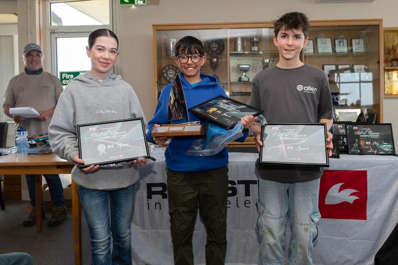 Rooster RS Tera Start of Season Championships Sport Fleet Podium (l-r) Laia Priestley (2nd), Hari Clarke (1st), Thomas Hill (3rd) - photo © Paul Sanwell / OPP