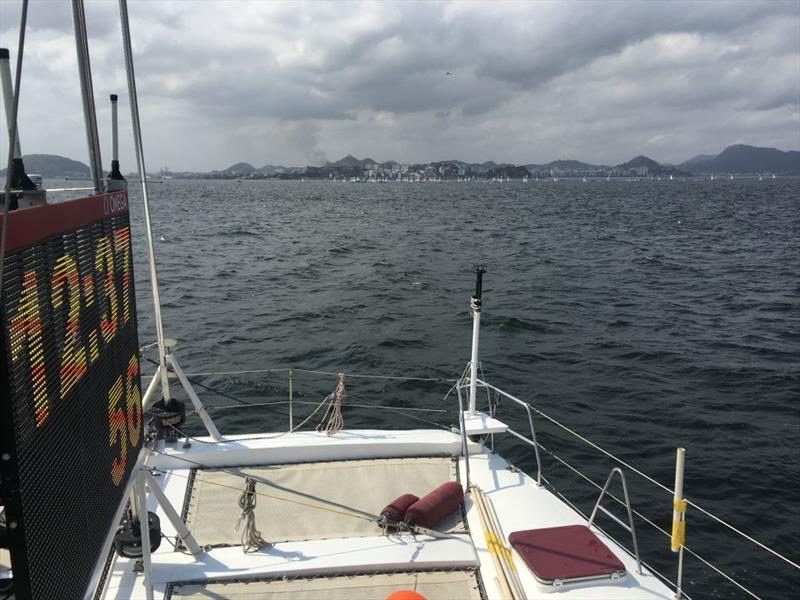 Windbot in position in clear breeze on the bow of a race committee vessel on one of the three courses on Guanabara Bay, 2016 Olympic Regatta - photo © John Parrish