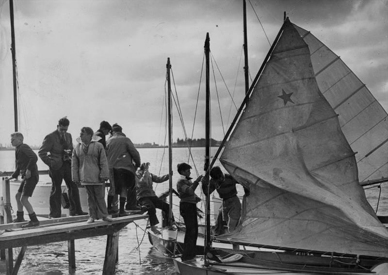 1944 /45 Opening day photo copyright Mander Family Archives taken at Pleasant Point Yacht Club and featuring the  class