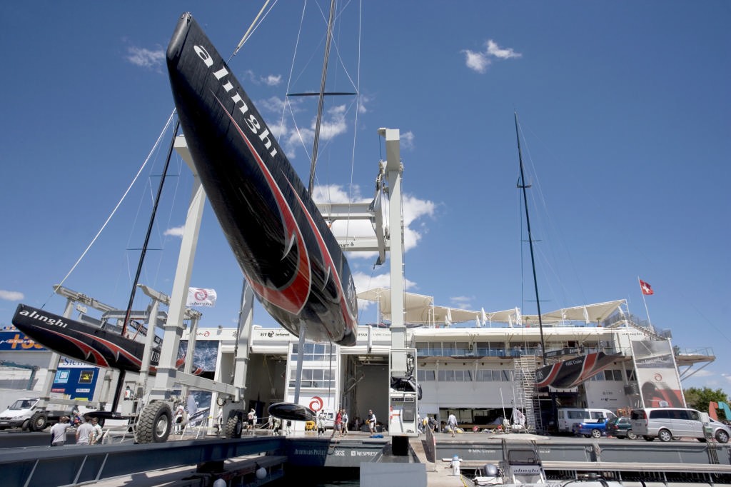 Alinghi SUI-100 showing her fuller underbody. She is expected to have good straight line speed. - photo © Ivo Rovira /Alinghi