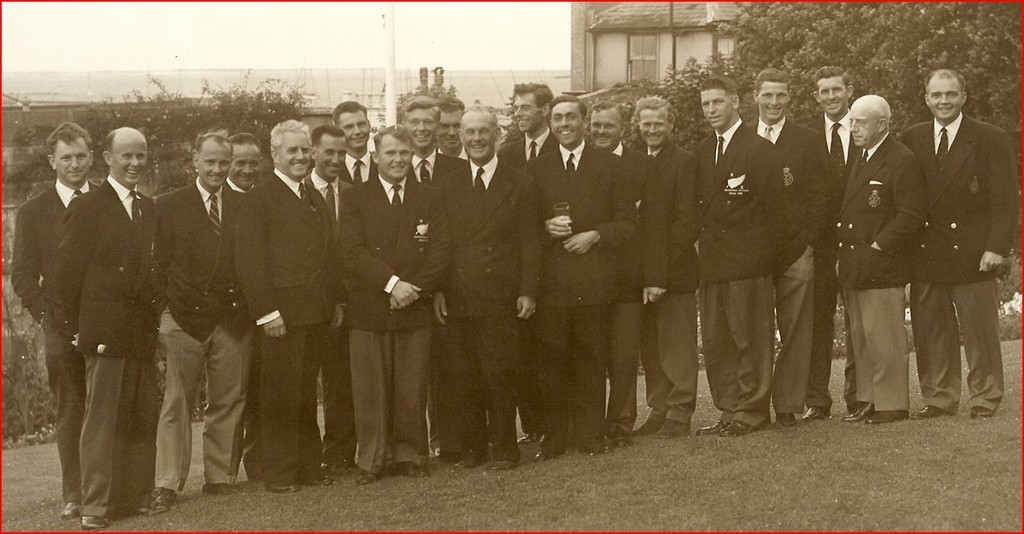 International 14 Ft. Dinghy Team Races in Cowes, Isle of Wight, UK. 1958 L-R: Gerald Parks, Geoff Smale (NZ), Bud Whittaker, CAN), “Bungy” McCrae (NZ), Uffa Fox (UK), Harry Jemmet (CAN), Jim Stephens (CAN), Ian Pryde (NZ), ???, Bruce Kirby (CAN), Stewart Morris (UK), Michael Pope (UK), Mike Peacock (UK), Ray Simich (NZ), Keith Shackleton (UK), Ralph Roberts (NZ), Doug Roberts (CAN), Ron Watson(NZ), Harvey Bongard (CAN), Paul Henderson (CAN) - photo © SW