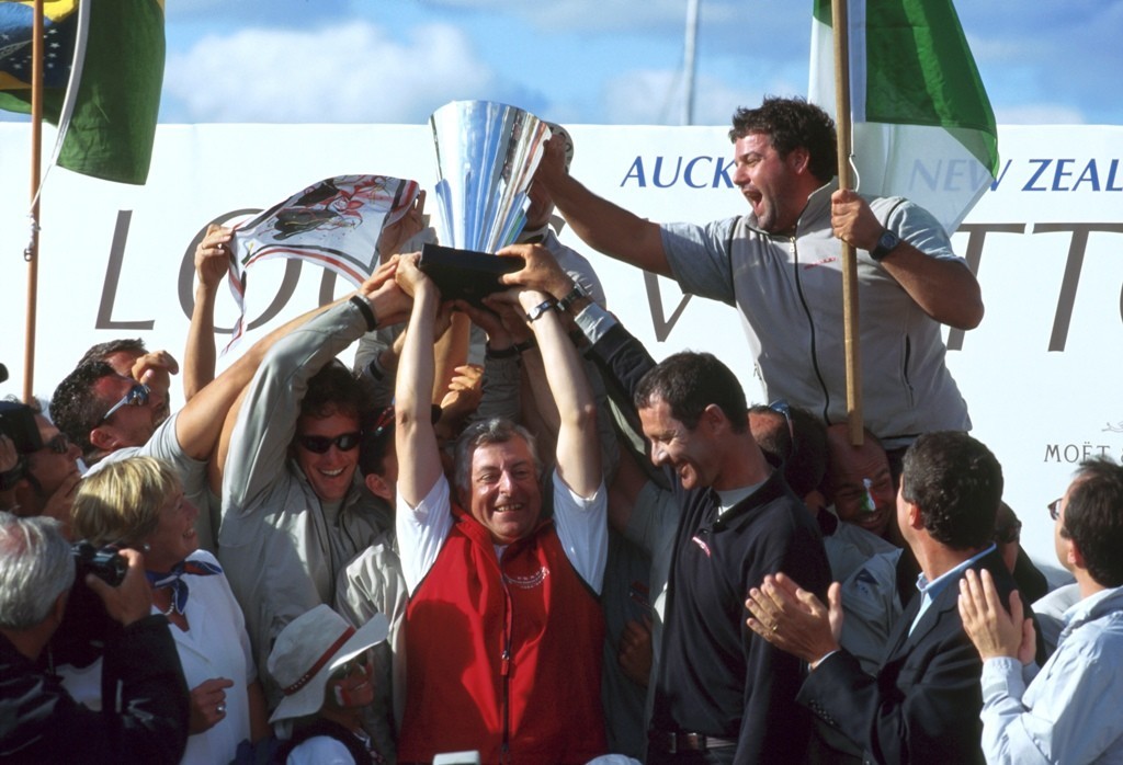 Happier times 2 - An elated Patrizio Bertelli holds the Louis Vuitton Cup aloft in 2000. - photo © Event Media