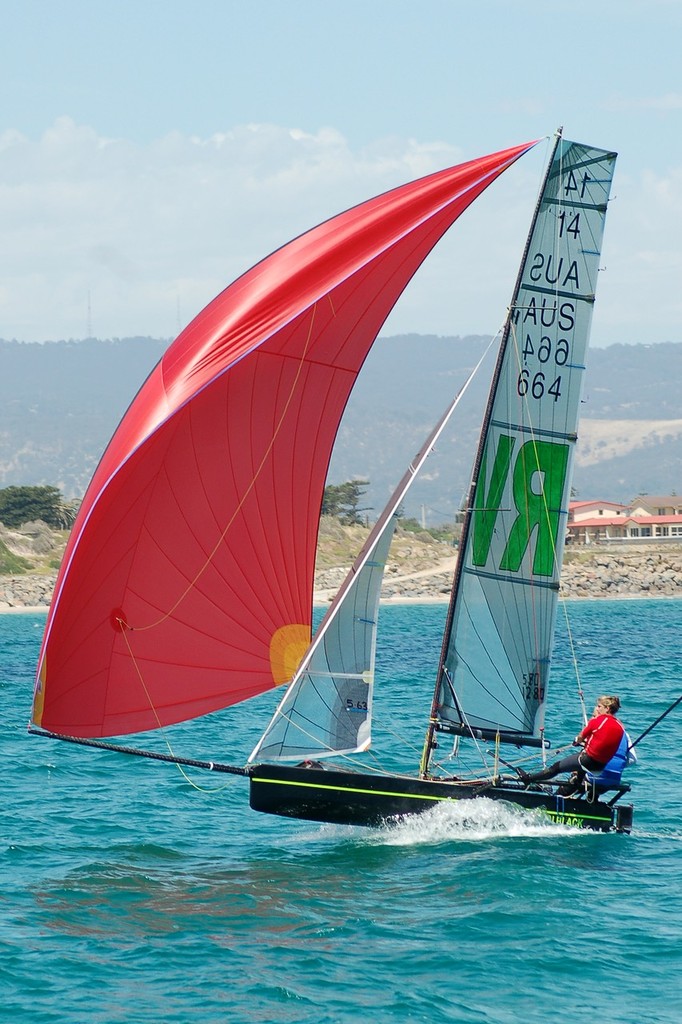 ’Back in Black’ Robert Vickery and Kymara Stowers in the first heat of the 14 foot skiff nationals in Adelaide - I14 Nationals © Peter Muirhead http://www.petermuirhead.com