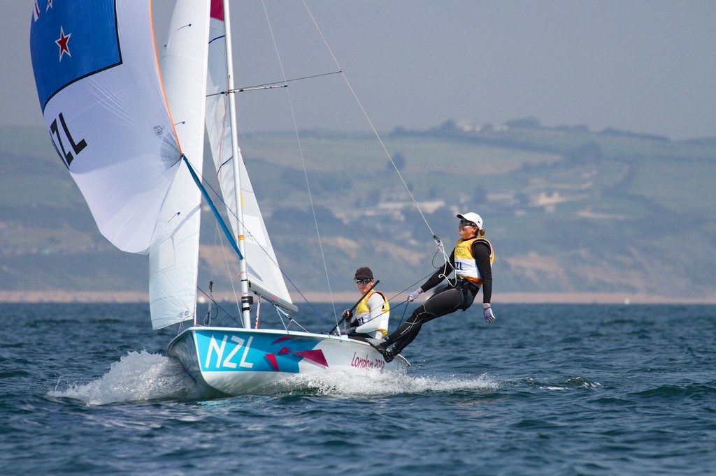 Olivia Powrie and Jo Aleh are all smiles as they cross the finish line to win the Gold Medal in Weymouth - photo © Richard Gladwell www.photosport.co.nz