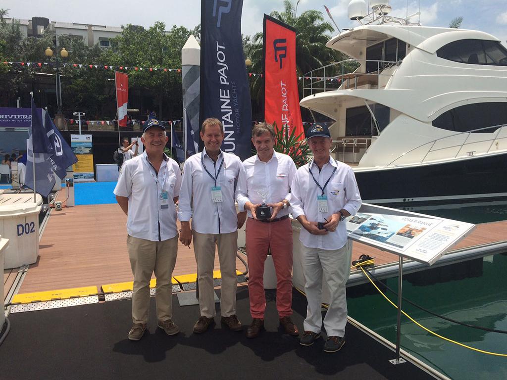 The Multihull Solutions team accepts the Best Multihull Power Yacht award for the MY 44 at the Asia Boating Awards in Singapore with Fountaine Pajot Flagship Manager Yves de Kerangat (L-R: Charles Robinson, Mark Elkington, Yves de Kerangat, Andrew De Bruin). © Kate Elkington