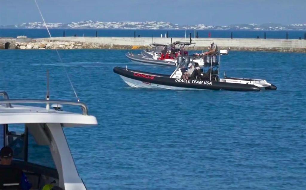 A fleet of spy boats await - Emirates Team New Zealand - first sail in Bermuda - April 23, 2017 photo copyright Emirates Team New Zealand http://www.etnzblog.com taken at  and featuring the  class