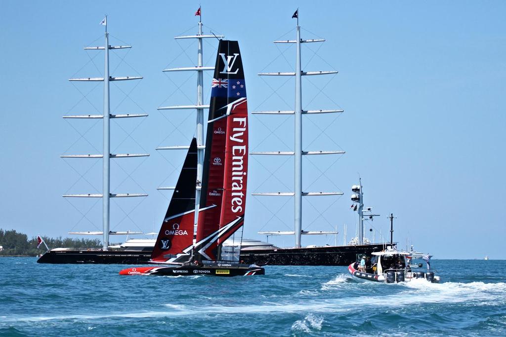 Emirates Team NZ passes the super yacht, Maltese Falcon- Semi-Finals  - America's Cup 2017, June 4, 2017 Great Sound Bermuda - photo © Richard Gladwell www.photosport.co.nz