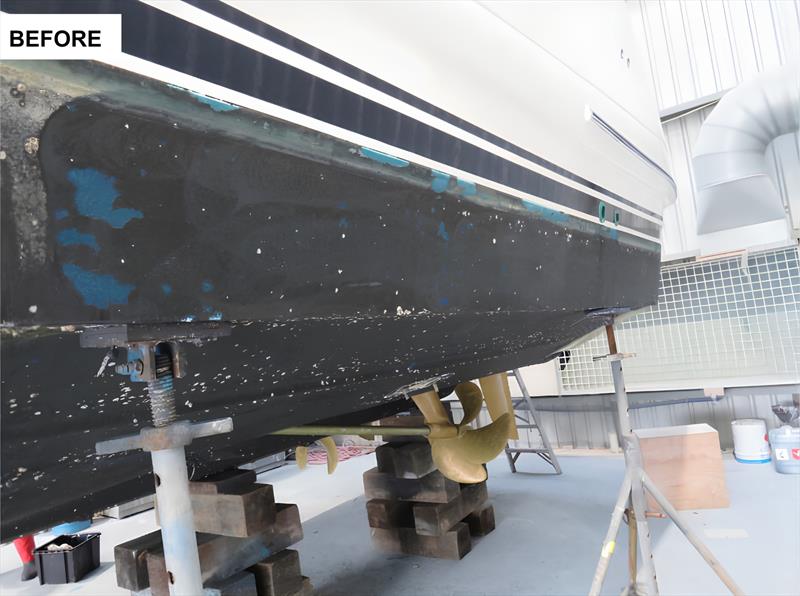 Before: Over 12 layers of old antifouling paint stripped from a Princess 50 MK111 using AXE Antifoul Paint Remover-zero scraping, zero solvents, zero sandblasting, and zero hull damage - photo © Scandinavian Marine