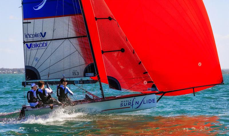 Manly Surf n Slide 16ft Skiff Skipper: Dave O' Connor Main: Trent Barabas Bow: Rob Napper photo copyright Michael Chittenden taken at Manly 16ft Skiff Sailing Club and featuring the 16ft Skiff class