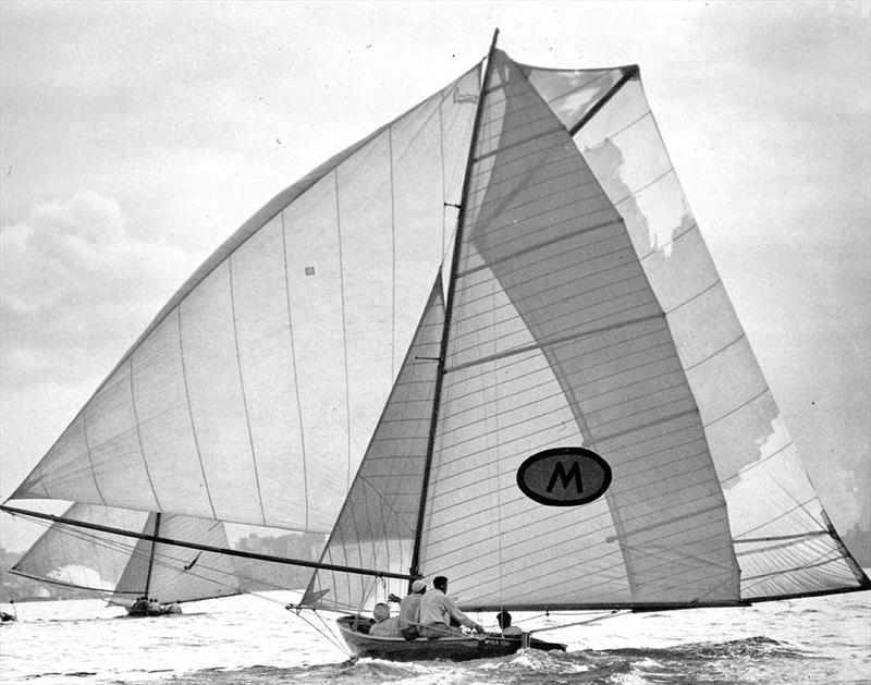 Five times champion Bill Barnett in 1950-51 winner Myra Too - Australian 18 Footers Championship photo copyright Frank Quealey taken at Australian 18 Footers League and featuring the 18ft Skiff class