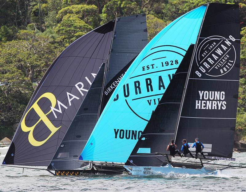 Birkenhead Point Marina and Burrawang-Young Henrys on the first spinnaker run - 18ft Skiff NSW Championship on Sydney Harbour - Race 7 photo copyright Frank Quealey taken at Australian 18 Footers League and featuring the 18ft Skiff class