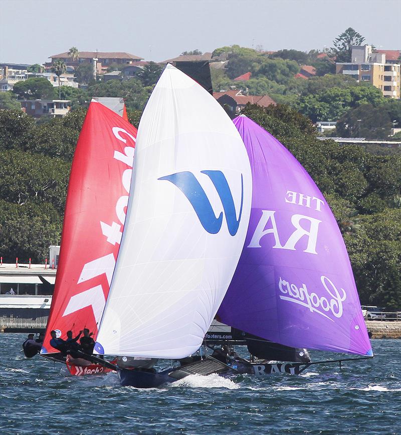 Three leaders at Rose Bay - 18ft Skiff NSW Championship on Sydney Harbour - Race 7 photo copyright Frank Quealey taken at Australian 18 Footers League and featuring the 18ft Skiff class