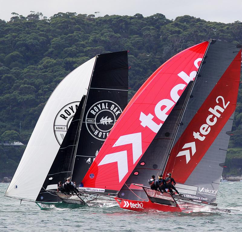 Tech2 and The Oak Double Bay-4 Pines on the first spinnaker run - 18ft Skiff NSW Championship on Sydney Harbour - Race 7 photo copyright Frank Quealey taken at Australian 18 Footers League and featuring the 18ft Skiff class