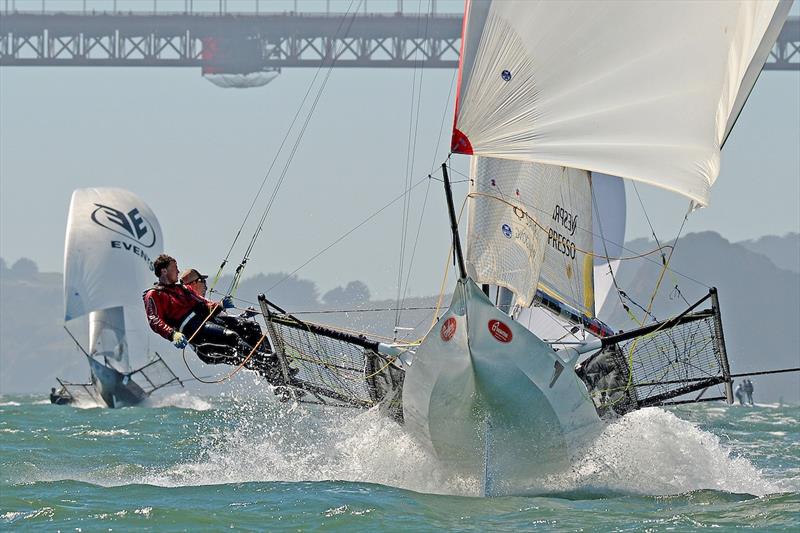 'Flying' under San Fran's Golden Gate photo copyright Christophe Favreau taken at  and featuring the 18ft Skiff class