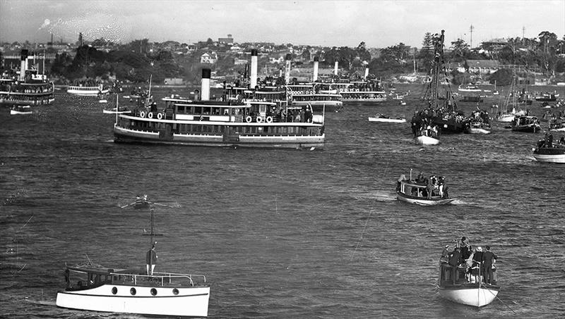 1935, seven spectator ferries lined up at a League race photo copyright Archive taken at Australian 18 Footers League and featuring the 18ft Skiff class