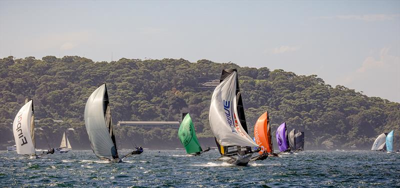 18ft Skiff 2024 JJ Giltinan Championship Race 2: Charging downwind photo copyright SailMedia taken at Australian 18 Footers League and featuring the 18ft Skiff class