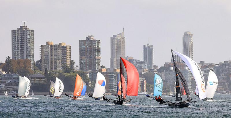 The bulk of the fleet chase the leading group on the first run to Obelisk - 18ft Skiff Winnings 2024 JJ Giltinan Championship photo copyright SailMedia taken at Australian 18 Footers League and featuring the 18ft Skiff class