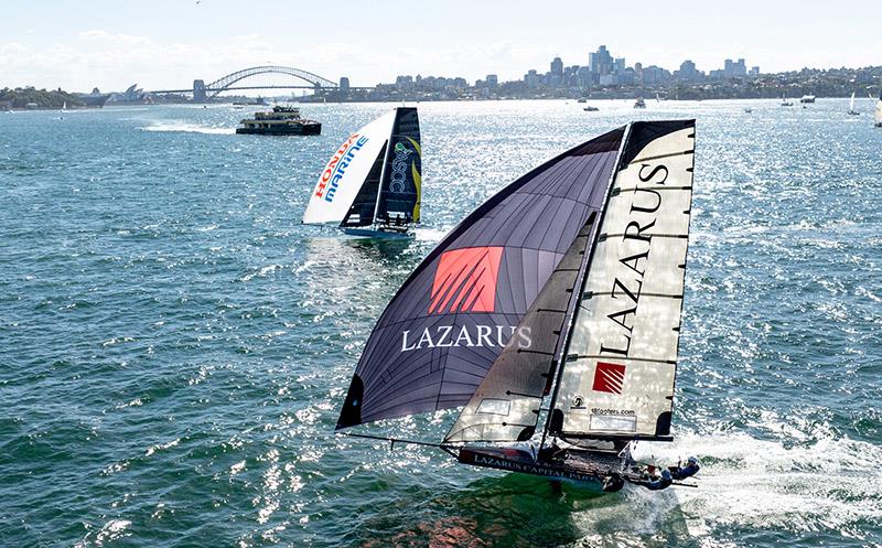 Lazarus and ASCC battle for second place in Race 8 of the championship - Winnings JJ Giltinan Championship photo copyright SailMedia taken at Australian 18 Footers League and featuring the 18ft Skiff class