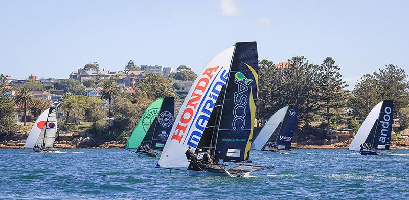 Championship winner Yandoo leads a group of young challengers along Shark Island in the final race of the Winnings JJ Giltinan Championship photo copyright SailMedia taken at Australian 18 Footers League and featuring the 18ft Skiff class